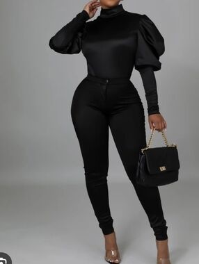 Sleek Black Satin Puff-Sleeve Jumpsuit - Women